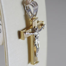 Load image into Gallery viewer, 18K YELLOW WHITE GOLD CROSS WITH JESUS, STRIPED BRIGHT 1.34 INCHES MADE IN ITALY
