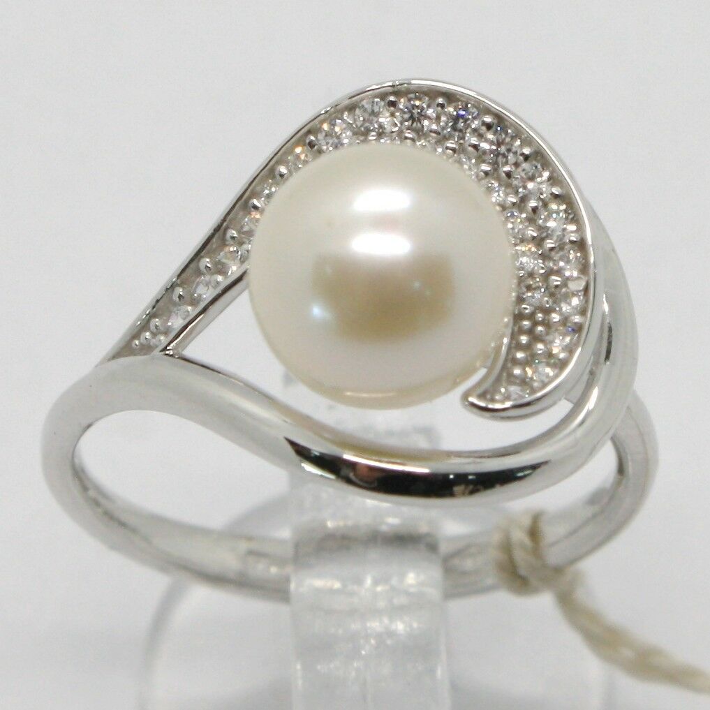 18k white gold band pearl zirconia ring ondulate, wave, spiral