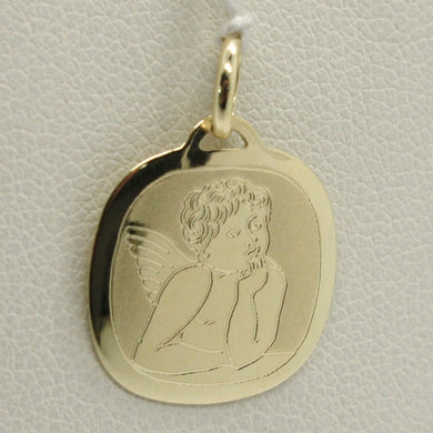 18K YELLOW GOLD PENDANT SQUARE MEDAL GUARDIAN ANGEL 15 MM ENGRAVABLE ITALY MADE.