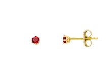 Load image into Gallery viewer, 18k yellow gold stud six prong earrings round recrystallized red 3mm ruby.
