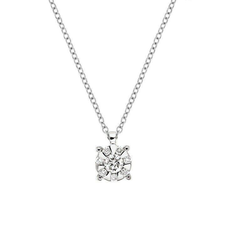 18k white gold Orsini necklace with diamond 0.17 and rolo chain made in Italy.