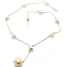 Load image into Gallery viewer, 18k white gold lariat necklace, venetian chain white &amp; peach big pearls 16 mm.
