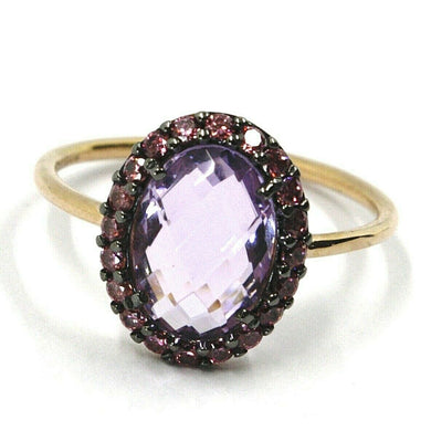 18k rose gold flower ring purple cushion oval crystal, cubic zirconia frame.