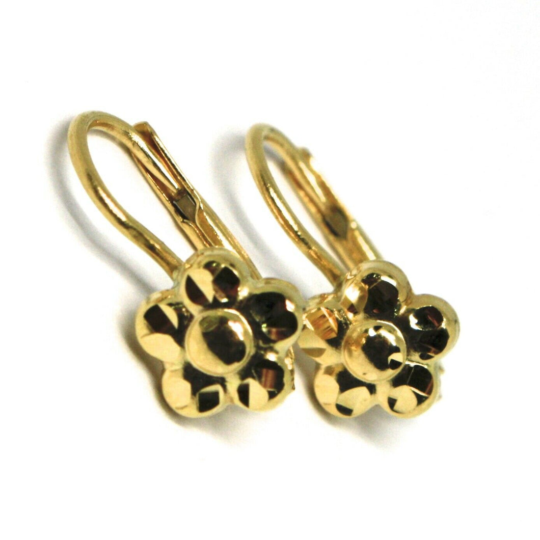 18k yellow gold kids earrings, finely hammered flower daisy leverback closure