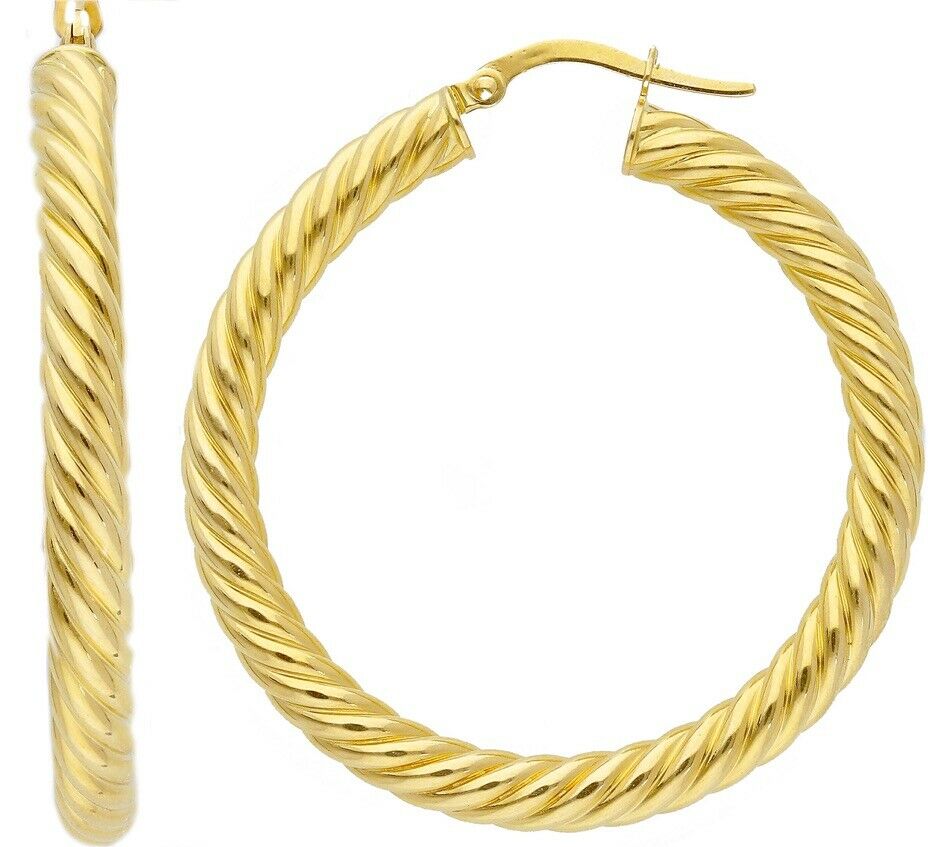18K YELLOW GOLD HOOPS EARRINGS DIAMETER 35mm, TUBE 4mm STRIPED TWISTED BRAIDED.