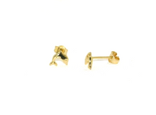 Load image into Gallery viewer, 18k yellow gold flat small baby girl 5mm dolphin earrings, butterfly closure.
