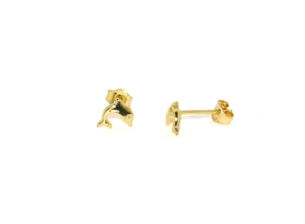 18k yellow gold flat small baby girl 5mm dolphin earrings, butterfly closure.