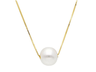 18k yellow gold necklace square venetian chain central freshwater pearl 9.5-10mm.