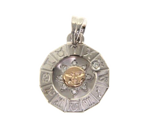 Load image into Gallery viewer, 18k white &amp; rose gold zodiac sign round 20mm diamond sun zodiacal medal pendant.
