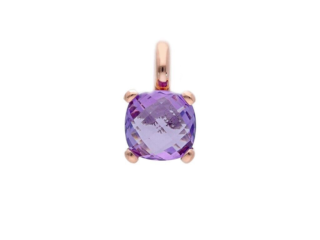 solid 18k rose gold four prongs pendant with big 10mm amethyst, cushion cut.