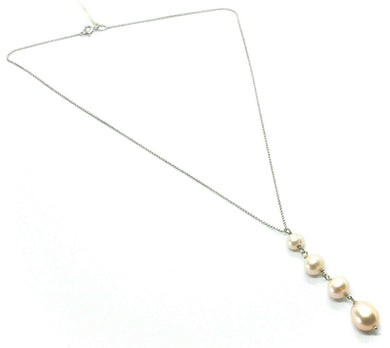 18k white gold lariat necklace rolo chain fw round oval drop pink pearl pendant.
