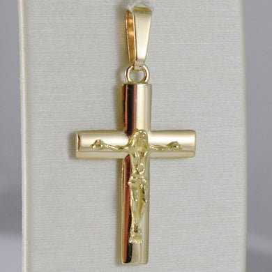 SOLID 18K YELLOW GOLD CROSS JESUS WORKED, SQUARED STYLIZED SMOOTH, MADE IN ITALY.