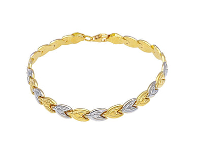 18K YELLOW WHITE GOLD FLAT WORKED ALTERNATE 5mm FLOWERS PETALS DROPS BRACELET.