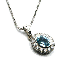 Load image into Gallery viewer, 18k white gold oval blue topaz zirconia flower pendant popcorn chain necklace.
