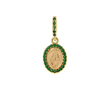Load image into Gallery viewer, SOLID 18K YELLOW OVAL GOLD MEDAL, VIRGIN MARY 12mm, MIRACULOUS, GREEN ZIRCONIA
