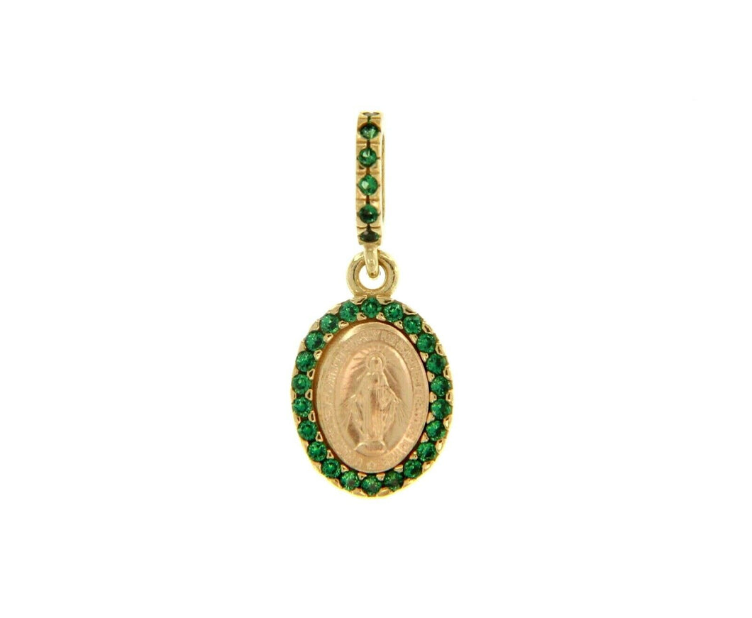 SOLID 18K YELLOW OVAL GOLD MEDAL, VIRGIN MARY 12mm, MIRACULOUS, GREEN ZIRCONIA