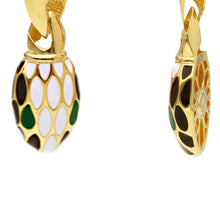 Load image into Gallery viewer, 18K YELLOW GOLD PENDANT 42mm CLIPS EARRINGS, WHITE BLACK GREEN ENAMEL SNAKE.
