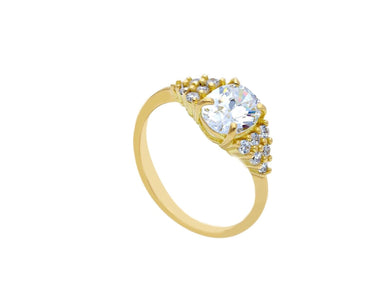 18K YELLOW GOLD SOLITAIRE TRILOGY ENGAGEMENT RING WITH 6x5mm OVAL CUT ZIRCONIA.
