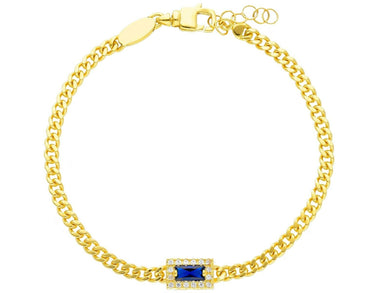 18K YELLOW GOLD BRACELET, GOURMETTE CUBAN CURB LINK 3.2mm, SQUARE BLUE ZIRCONIA.