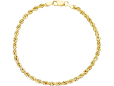 9K YELLOW GOLD 3.5mm ROPE BRAID CORD HOLLOW BRACELET, LENGTH 18cm 7.1
