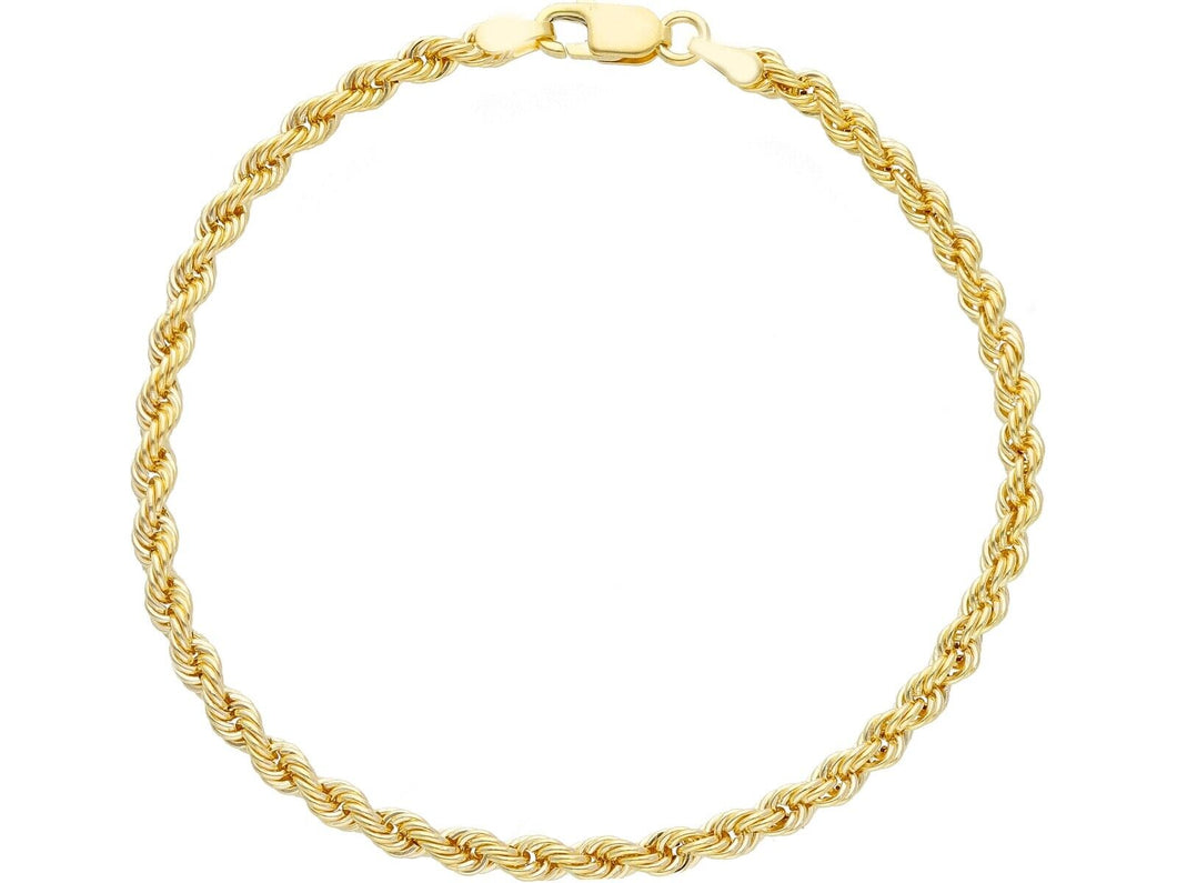 9K YELLOW GOLD 3.5mm ROPE BRAID CORD HOLLOW BRACELET, LENGTH 18cm 7.1