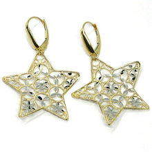 Load image into Gallery viewer, 18K YELLOW WHITE GOLD PENDANT EARRINGS ONDULATE WORKED STAR, SHINY, STRIPED.
