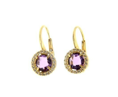 18k yellow gold leverback earrings cushion purple amethyst cubic zirconia frame.