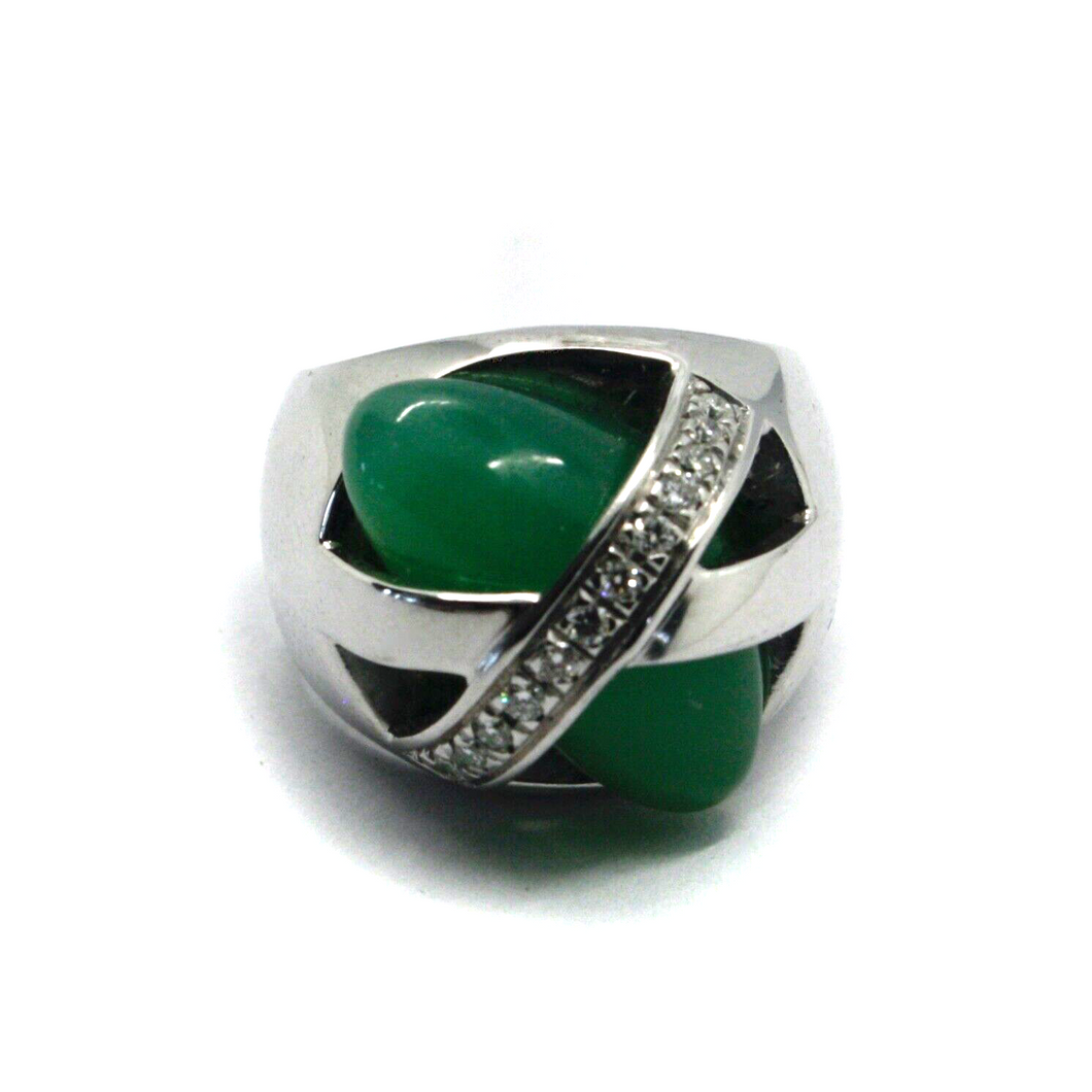 SOLID 18K WHITE GOLD BAND RING BIG CABOCHON GREEN JADE & DIAMONDS CROSSED FRAME.