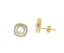 Load image into Gallery viewer, 18K YELLOW GOLD EARRINGS CUSHION SQUARE BLUE TOPAZ AND CUBIC ZIRCONIA FRAME.
