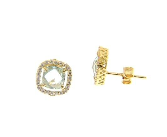 18K YELLOW GOLD EARRINGS CUSHION SQUARE BLUE TOPAZ AND CUBIC ZIRCONIA FRAME.