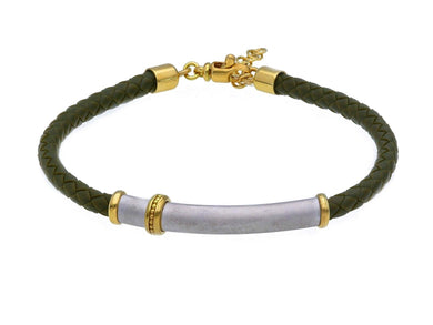 SOLID 18K YELLOW WHITE GOLD BRACELET 5mm ROUND TUBE PLATE & GREEN LEATHER, 8.3