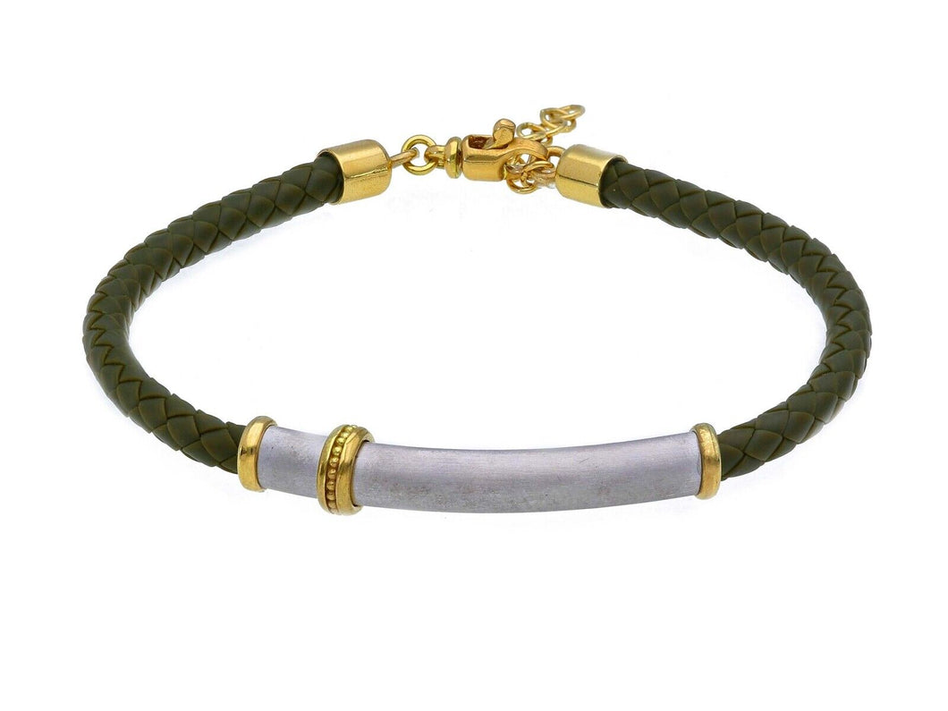 SOLID 18K YELLOW WHITE GOLD BRACELET 5mm ROUND TUBE PLATE & GREEN LEATHER, 8.3