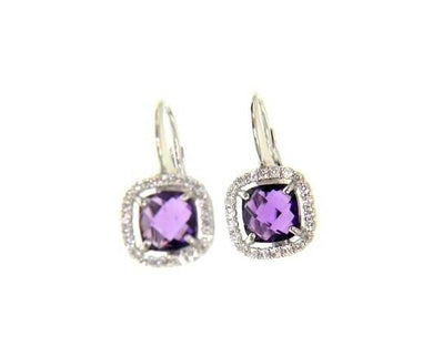 18k white gold leverback earrings cushion purple amethyst cubic zirconia frame.