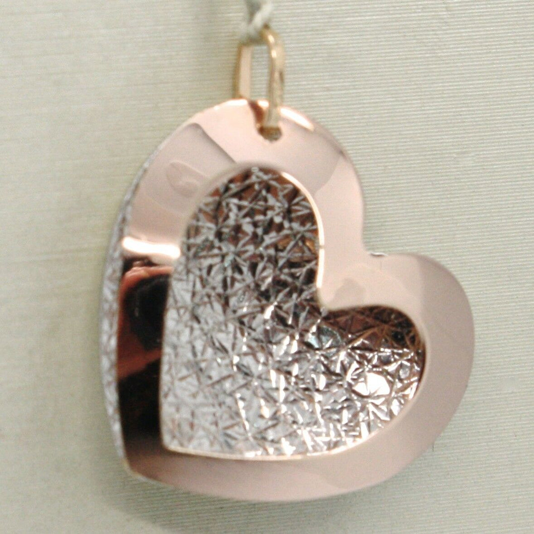 18k rose & white gold double heart pendant, charms, finely worked, made in Italy.