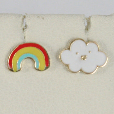 18k yellow gold kids earrings glazed flat cloud and rainbow, made in Italy.