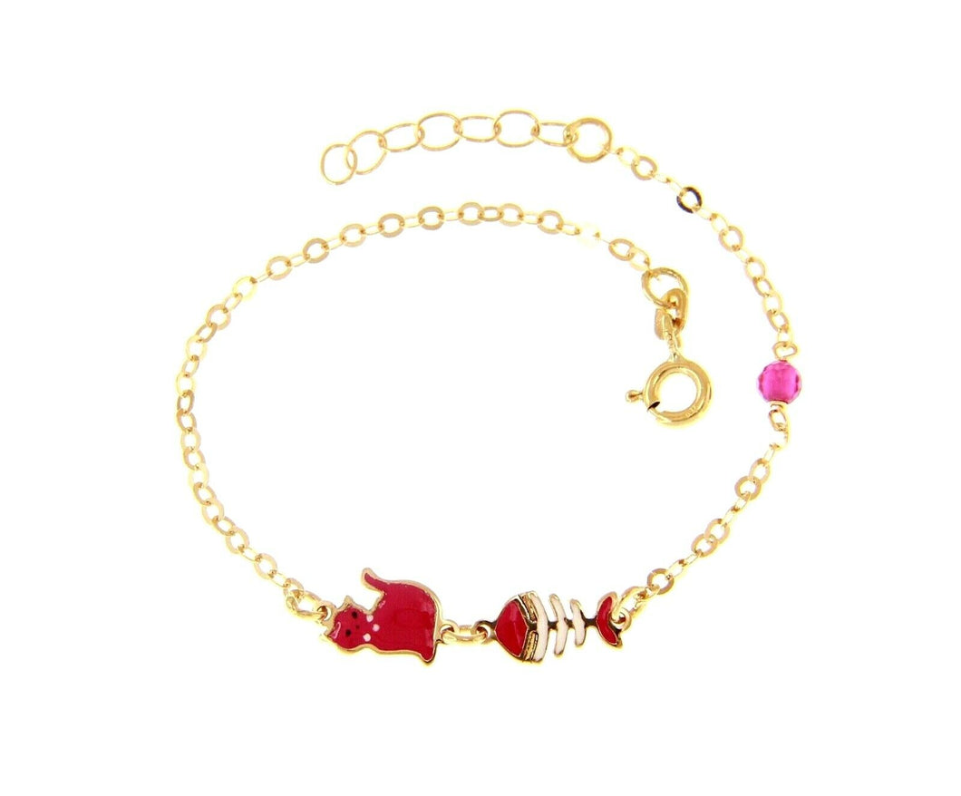 18k yellow gold kid child baby bracelet enamel cat and fish bone, rolo chain.