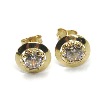 18K YELLOW GOLD BUTTON EARRINGS CUBIC ZIRCONIA, ROUND DISC WORKED FRAME, 10 MM.