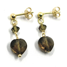 Load image into Gallery viewer, 18k yellow gold pendant earrings, heart smoky quartz, length 0.95 inches.
