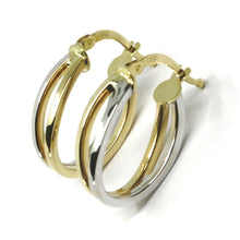 Load image into Gallery viewer, 18K YELLOW WHITE GOLD PENDANT EARRINGS ONDULATE OVAL DOUBLE TUBE HOOPS 2cm.

