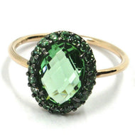 SOLID 18K ROSE GOLD FLOWER RING CUSHION OVAL, GREEN CUBIC ZIRCONIA FRAME.