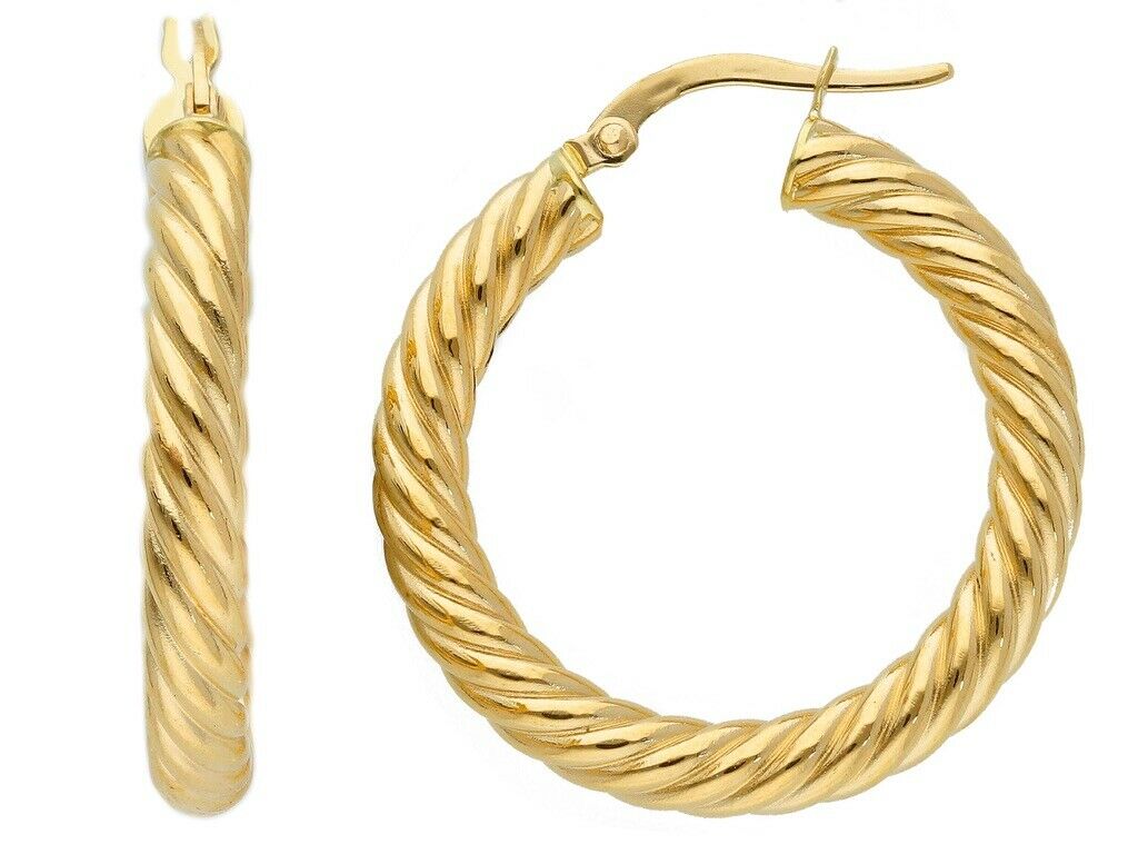 18K YELLOW GOLD HOOPS EARRINGS DIAMETER 25mm, TUBE 4mm STRIPED TWISTED BRAIDED