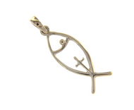 18K WHITE GOLD PENDANT 25mm FISH WITH CROSS SYMBOL OF JESUS CHRIST, ITALY MADE.