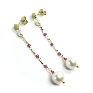 18k yellow gold pendant earrings, fw white pearls and red cubic zirconia.