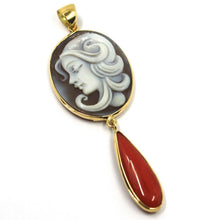 Load image into Gallery viewer, 18k yellow gold pendant lady face oval cameo and cabochon red coral drop.
