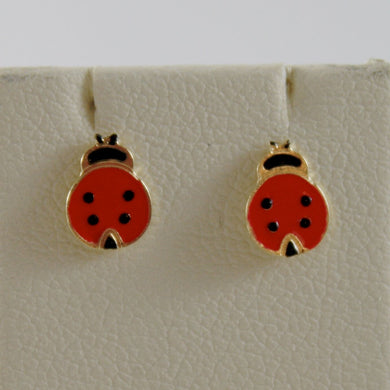 18k yellow gold child ladybird ladybug mini earrings glazed, flat, made in Italy.