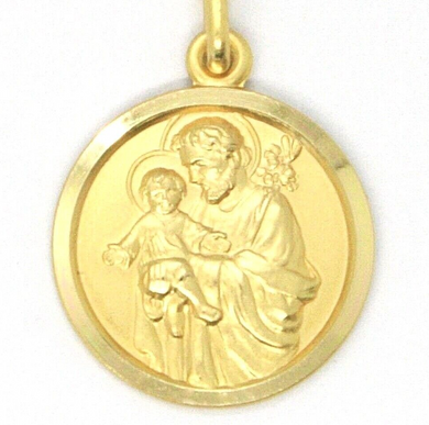18k yellow gold St Saint San Giuseppe Joseph Jesus Christ medal pendant, 21mm.