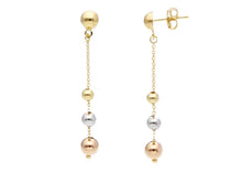 Load image into Gallery viewer, 18K YELLOW WHITE ROSE GOLD PENDANT EARRINGS, SMOOTH 3-4-5mm SPHERES, LENGTH 50mm.
