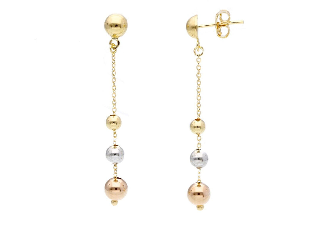 18K YELLOW WHITE ROSE GOLD PENDANT EARRINGS, SMOOTH 3-4-5mm SPHERES, LENGTH 50mm.