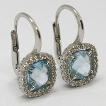 Load image into Gallery viewer, 18k white gold leverback earrings cushion blue topaz, zirconia frame
