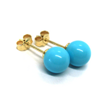 Load image into Gallery viewer, 18k yellow gold 8mm spheres balls reconstructed turquoise button earrings.
